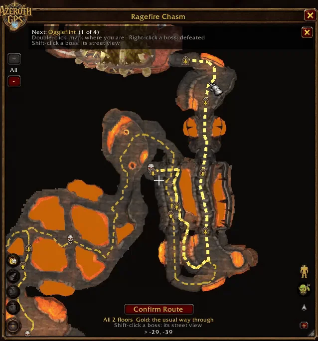 Ragefire Chasm: double-click to mark where you are, the next boss lit, the controls line at the top