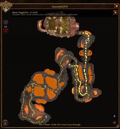 The way through Ragefire Chasm, its stairs-down icon and each boss in turn