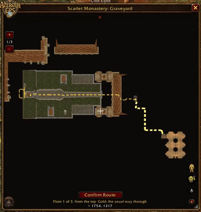 The Scarlet Monastery Graveyard's map: + and - through its floors, the numbered bosses, the gold way through