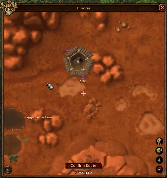 Durotar's zeppelin tower: the countdown under its icon, and its tooltip with the next arrival and departure