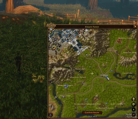 Double-clicking Goldshire and a spot nearby, confirming, then following the route with the direction arrow