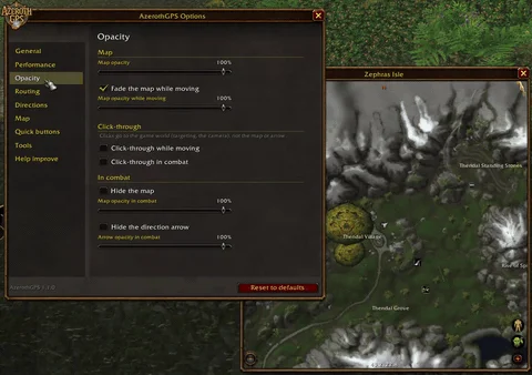 Opacity: the map fading while you move, and hidden in combat