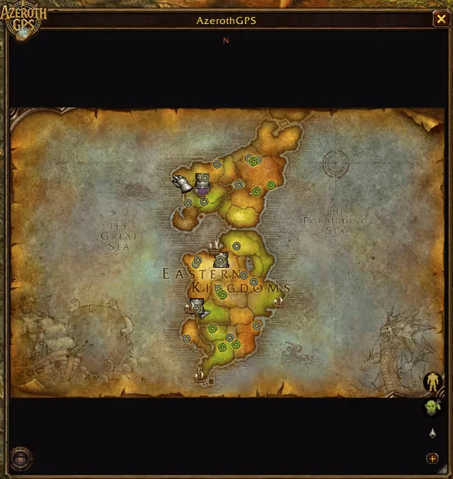 The Eastern Kingdoms' map: the pointer over each zone shows its name and levels