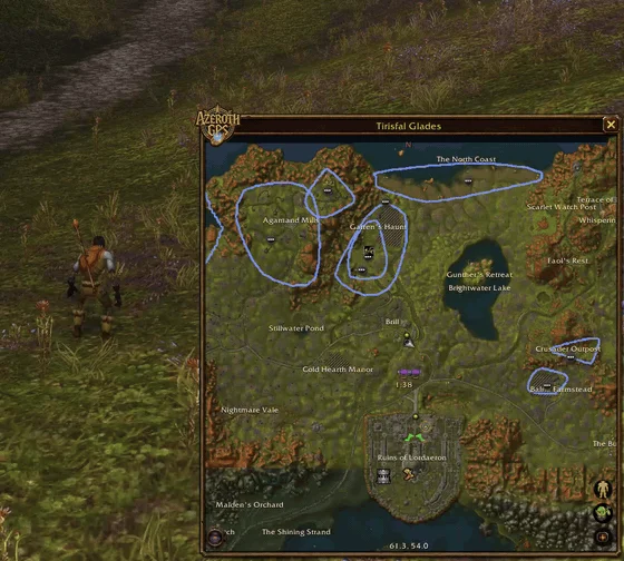 In Tirisfal: the Quest Route button, the route through the quest log's objectives and turn-ins