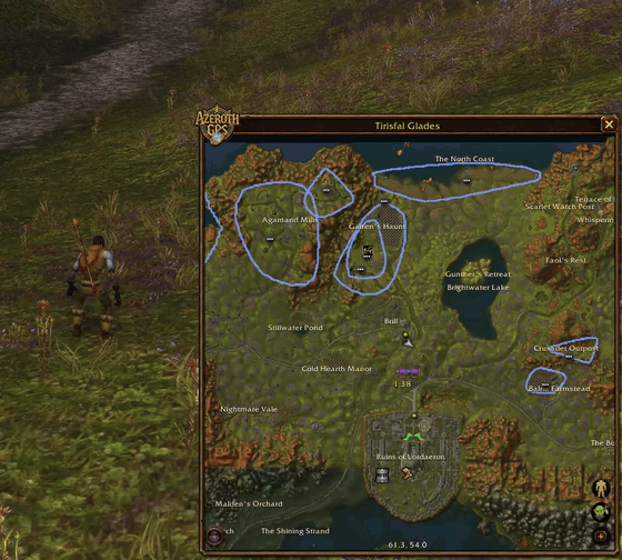 In Tirisfal: the Quest Route button, the route through the quest log's objectives and turn-ins